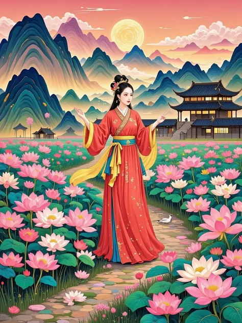  A woman in a red costume ，Sleeves fluttering。 She stands in a quaint pavilion ， The golden silk thread shines on the red coat 。 The soft light shines on the side ，The woman has a beautiful face ， deep eyesight 。 The background like a picture of the surrou...