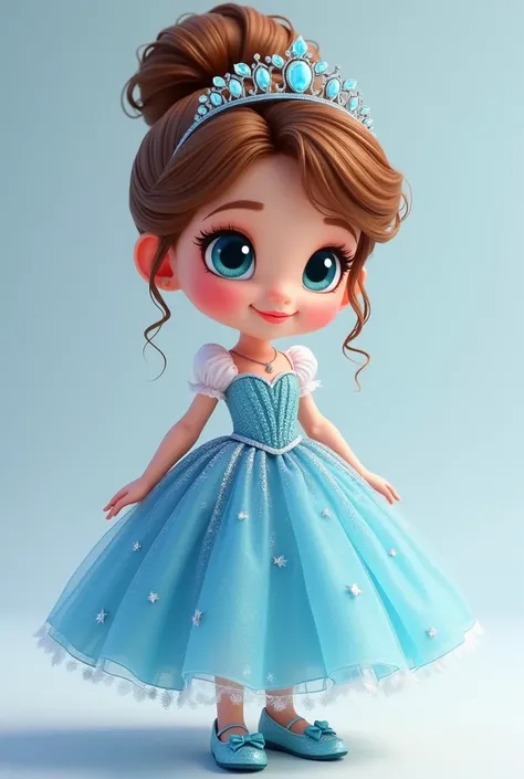  Create a character ,  cute baby cute little Disney style dick with a bun in her hair brown hair, blue eye,  long round shimmering blue party dress with white details with crown with shiny stones on the head, with light blue glitter slipper with bow 