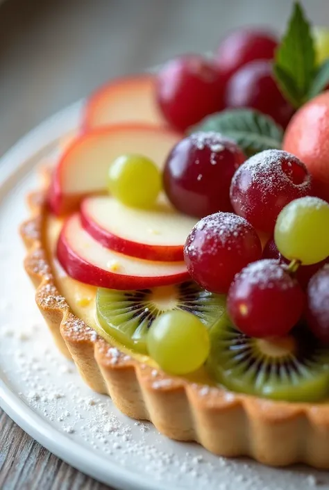 A fruit tart, with kiwi, apple and grapes on the top