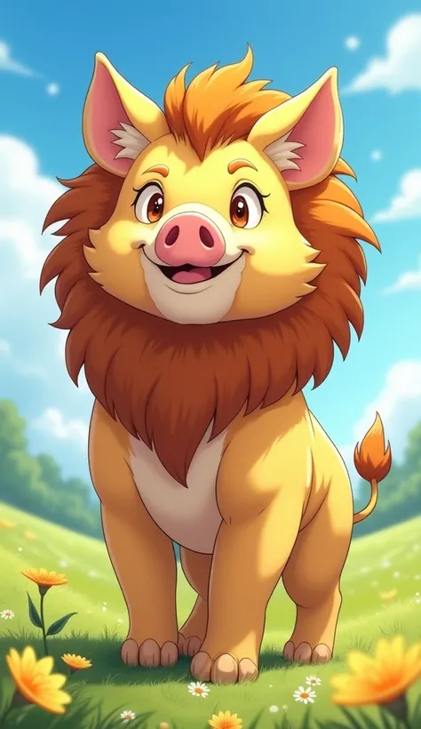 ((high quality)), ((masterpiece)), ((highly detailed)), (masterpiece),(best quality) , ((ultra-detailed) ), (middle) , (no crop), (anime), (scenery) A whimsical hybrid creature combining the majestic traits of a lion and the humorous features of a pig. The...