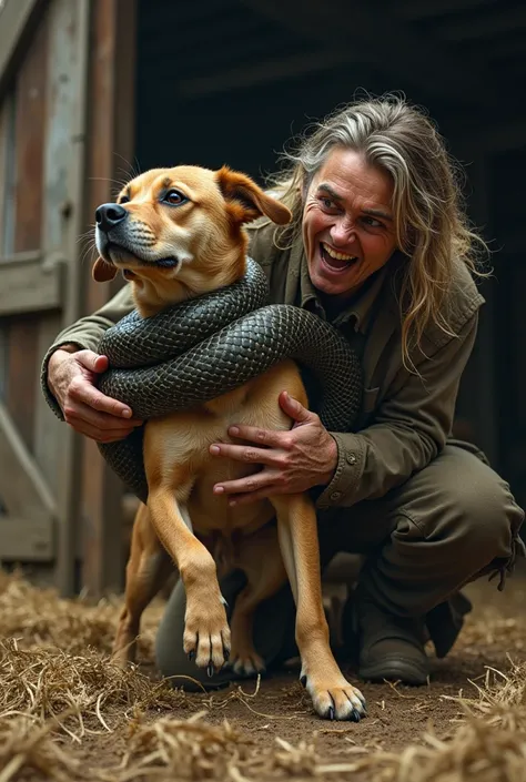 Snake wrapped around the dogs neck Da Fazendo and the owner of the barn desperate trying to save him