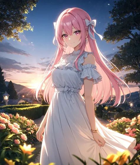 1girl, solo, Pink Shine Bright Hair, hair between eyes, Long hair, loose hair, (two side up),  aesthetic detailed eyes, (Pink shiny Bright Eyes), bright pink eyes, (pale cheeks), (skin colored cheeks), Mesmerise, Little smile, closed mouth, (half body, cow...