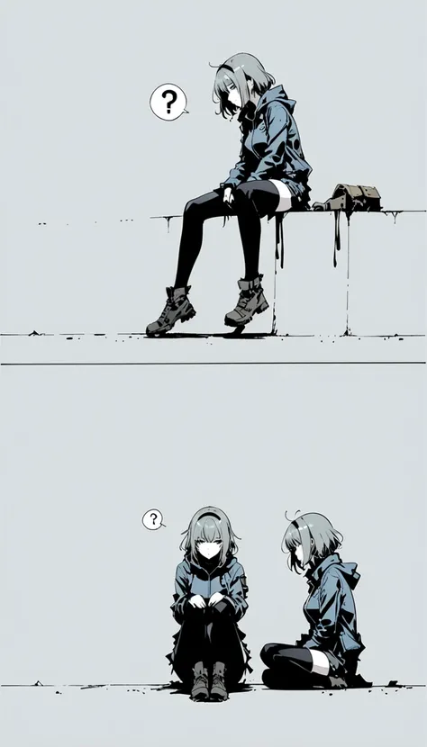 ( Ashley Wood Style :1.1), 
 1 girl,Knees apart, feet together,?, a large blank area ,Dodge Blue | grey_background,minimalist background, is sitting, Place it at the bottom of the screen,( side :1.5),From the side,comics,