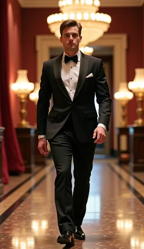 A man confidently walking through a vintage hotel lobby, wearing a classic black tuxedo with a white dress shirt and a black satin bow tie. The tuxedo’s details are finely rendered, from the tailored fit of the jacket to the sheen of the satin on the lapel...