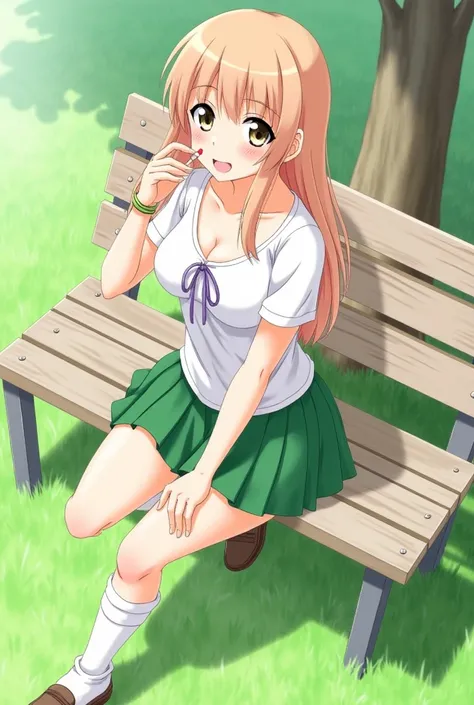 masterpiece,best quality,amazing quality, (honoka(DOA)), gyaru, slutty_clothes, sitting on bench, (knee up), cowboy shot, fellatio gesture, heart, 1girl, solo, looking at viewer, blush, parted lips, gyaru, front-tie top, pleated skirt, green skirt, white l...