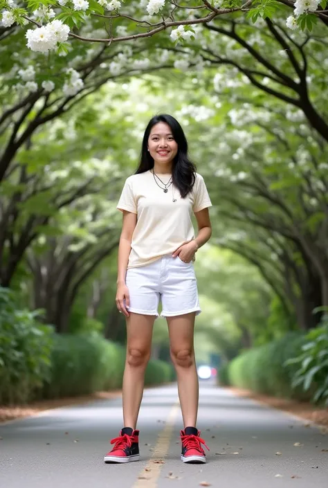  the best professional photograpy , hyperrelational , high saturation,  30-year-old Indonesian woman with white skin , Halfbub hair , wearing a light cream t-shirt with a necklace around the neck ,  white short levis pants and red black jordan shoes ,  The...