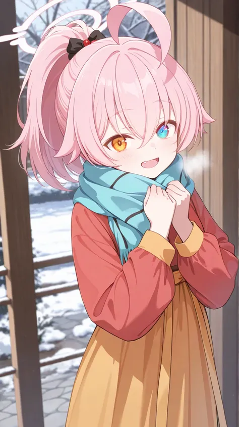 (high quality, ultra-detailed), Blue Archive, Hoshino Takanashi, looking at viewer, pink hair, heterochromia of blue (right) and orange (left) eyes, solo, scarf ponytail, hanfu dress, lovely, happy, fang, lively eyes, closed mouth, adult female, anatomical...