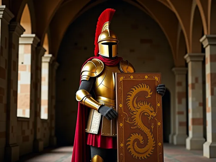 Golden scale armor displayed in a medieval room. The Golden Scale Armor has a red cape and , Spartan-style golden helmet. The flag of the golden helmet is red. . Standing in front of a golden scale armor, he is holding a golden A Large Roman Square Shield ...