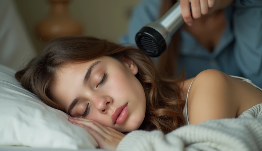 a teenage girl is sleeping soundly, next to her is her mother who is drying her hair with a hair dryer, afternoon atmosphere, full body shot, realistic HD