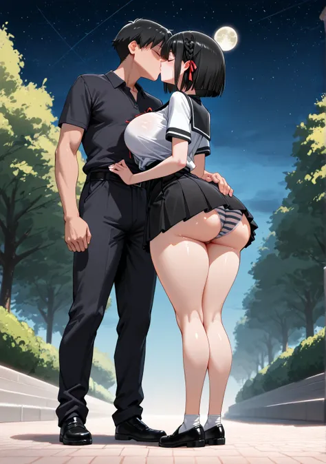   The best quality  ,     source  _anime,   Detailed  , necessary,   masterpiece,   Not suitable for work, Women (   full body,   big breasts,  slim waist ,    Big Butt,    short hair ,    small braid tied with a red ribbon ,  cut bob,  dressed in a school...