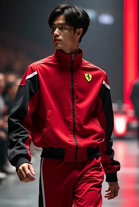  Modern fashionable mens sports jacket in red and black and white ,  inspired by a Formula 1 race car ,  background with broad shoulders and a voluminous fit ,  unique sleeve trim and a wide fit with side zipper ,  worn mesh pants with . Korean is handsome...