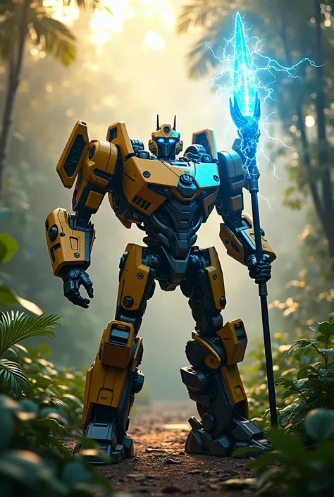 yellow and black robot like transformer, bring a big blue glowing electric stick, jungle background, afternoon bright view, photo realistic, 8k ultra hd