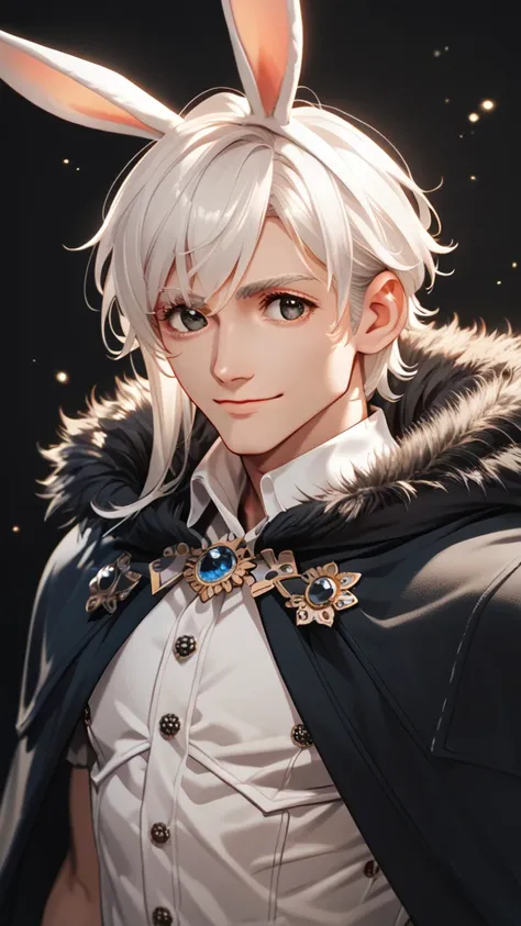 Boy wearing cape big eyes and smile handsome face black and white very high quality and details so good looking boy, white hair , beautiful hair , bunny ears , simple shirt under cape, big eyes, beautiful lashes 