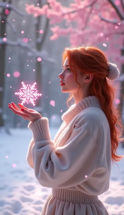 Pink snow falling , redhead woman,  with an outstretched hand trimming and admiring a pink snowflake. realistic.