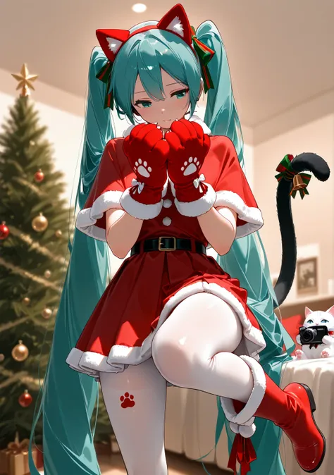  Hatsune Miku,  Wearing a Christmas costume with a layer ,  plush gloves of the white cats paw on her hands ,  cats paw plush gloves cat palm prints looking at the camera,  white tights under a short skirt , red plush boots , One foot up,  and a large bell...