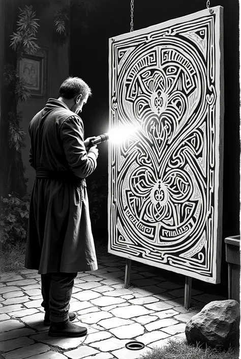  There is a black and white picture of man with flashlight, who flasch paintings and thats mean infinity art galleryCeltic Art , Celtic Art  style, ðórarinn B.  sollaxon ,  tribal art , inspired by Björn Winblad,  Celtic design , by Björn Winblad, woodcut ...