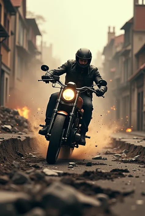  A man on a motorcycle fleeing an earthquake ,  as he flees behind him the asphalt opens  , creating craters ,  while buildings and houses are engulfed by craters