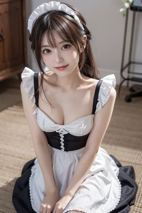 縁石に座る白と黒の dressに身を包んだ日本人モデル、 cosplay!Maid! dress, アニメ  cosplay, Rorish, アニメ ガール  cosplay, Maid outfit,  cosplay, ゴージャス Maid,  cosplay photo, Maid  dress,  女の子 Maid コスチューム、 looking at camera、 cute smile inside the Kyoden、  a soft and gentle expression 