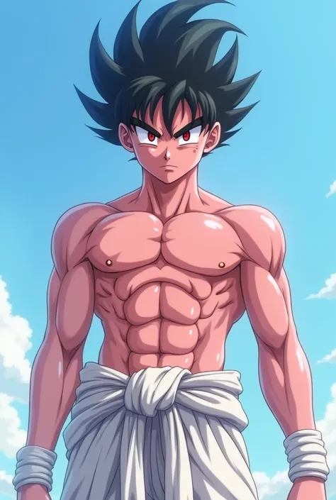 mj-kb, Majin Buu, boy, athletic body, black sclera, red pupil, pink skin, shirtless, white pants, harem pants, m on belt, looking at viewer, serious, standing, outdoors,
sky background, blue sky, extremely detailed, HDR, real style, cinematic