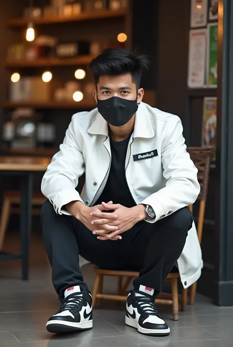 Foto anak mudah Indonesian,photo in cafe ,  , wearing a plain black mask , plain white jacket bearing the name ilhamku05 ,  plain black trousers ,and put on Jordans shoes 
Focus photos to the camera while sitting,  photo quality 8k ,Uktra