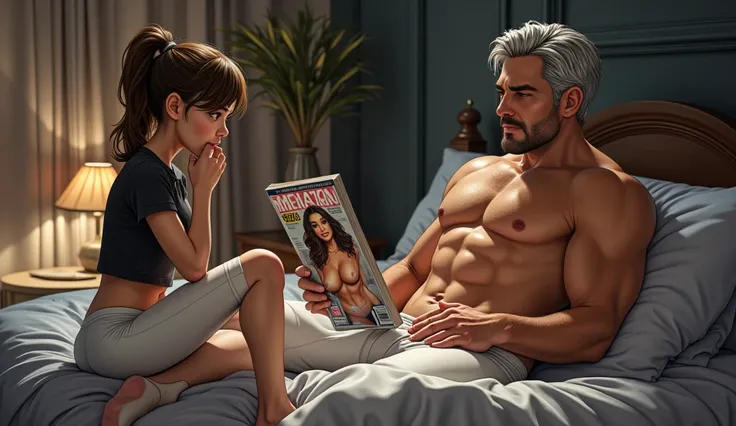 Teenage Swedish girl sitting on the edge of the bed, she is primary school age, while a handsome middle-aged man with gray hair is lying in the bed, he is holding a porno magazine, sexy woman on cover of the magazine, his right hand is grasping his crotch,...