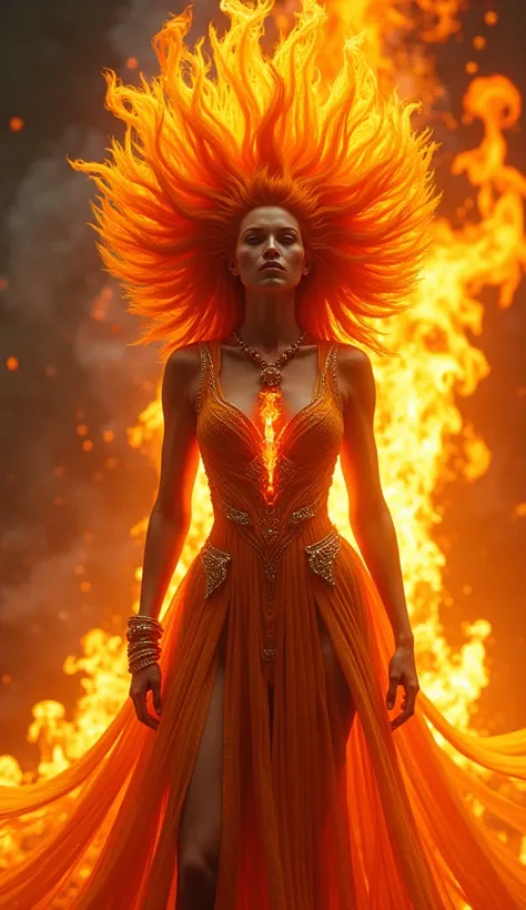 (best quality,4k,8k,highres,masterpiece:1.2),ultra-detailed,(realistic,photorealistic,photo-realistic:1.37),a beautiful goddess of fire,wearing fire clothes on all her body, detailed fiery eyes,detailed fiery hair,detailed fiery skin,explosive atmosphere *...