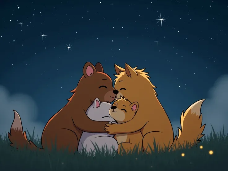 Scene 6: Family Bonding
Image prompt: Kibo, Leo, and Kileo cuddled up together, watching the stars at night, with a warm and loving atmosphere.