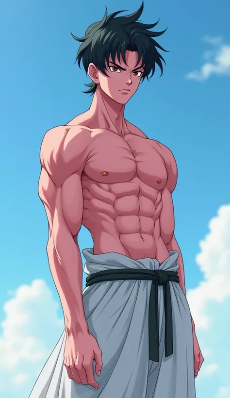 mj-kb, Majin Buu, boy, athletic body, black sclera, red pupil, pink skin, shirtless, white pants, harem pants, m on belt, looking at viewer, serious, standing, outdoors,
sky background, blue sky, extremely detailed, HDR, real style, cinematic