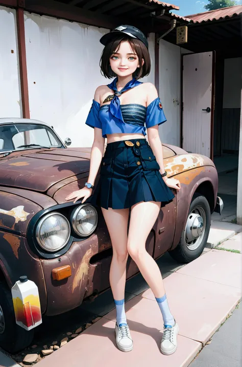 adorable teenage girl, smiling, standing posed,  leaning against old car, white door, (+forehead, dark-brown hair, black cap), (azure short sleeves shirt (open shirt, gray strapless top, dark-blue neckerchief)), (dark navy-blue denim skirt), white socks, g...