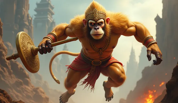 Monkey King Lord Hanuman - who has a monkey-like face, a golden crown on his head, moustache, a long tail and a huge golden mace while jumping towards Lanka - Ramayanam - References