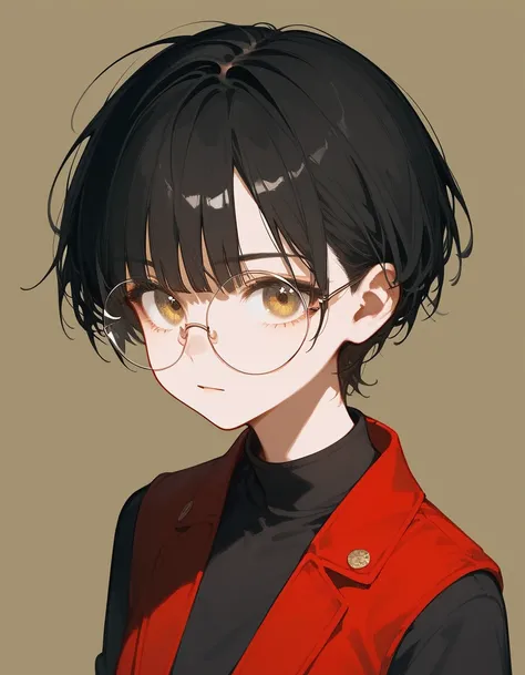 alone,girl,Black blonde hair,Bangs,girlบาร์, ,Wearing round glasses , short hair, bob ,Black hair ends, in golden bronze eyes ,Black hair ends,Red vest , Trousers, chest, medium size ,thin,girl, long sleeve shirt 