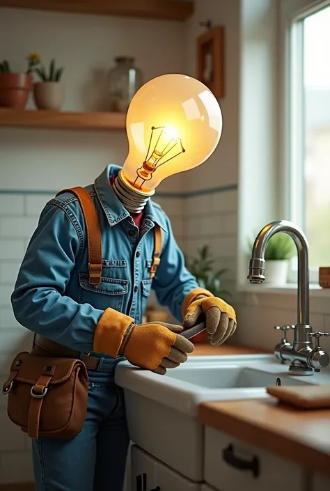 a light bulb , dressed as a worker on his knees, Who repairs a sink 