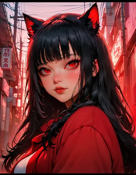 illust、art、from 80s horror movie, directed by Junji Ito、exorcist、high detail, realsitic shadow、Analog style, vhs style, 8mm film, chromatic aberration, Dvd screengrab、Complementary color gradient, big breasts, ((1 cat girl)) ((black hair, Ahoge, straight b...