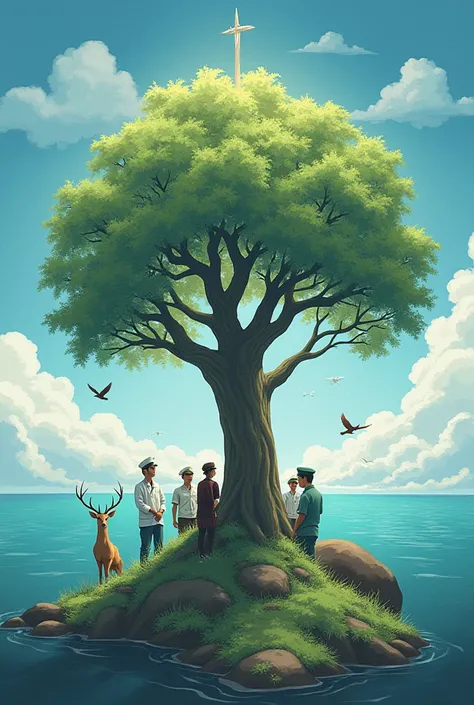 what if a boy with a background of the earth and all its beauty such as green trees, the sea and some animals such as deer, orca whales and birds and some professions such as doctors, soldiers, firefighters.