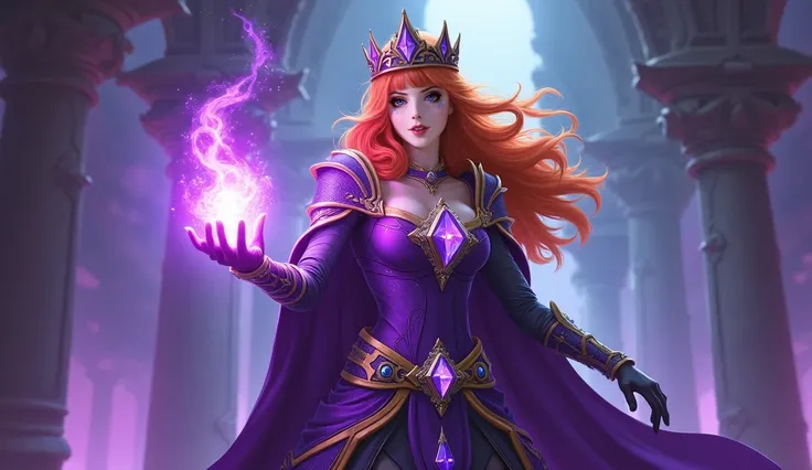 ((masterpiece,best quality)), ((same girl in the photo with same outfit and hairstyle)), ((She standing in Violet Citadel with a smile, as she can view in close up view, her fiery orange hair framing a striking figure adorned in regal attire)). ((A purple ...