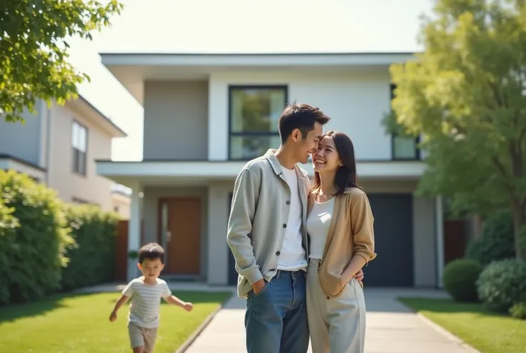 **Prompt:**
A realistic photograph-style image of a young Japanese couple standing in front of their modern home, smiling happily as they lean into each other with affection. The house features a contemporary design with clean lines, light-colored walls, a...