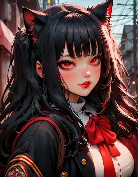 illust、art、from 80s horror movie, directed by Junji Ito、exorcist、high detail, realsitic shadow、Analog style, vhs style, 8mm film, chromatic aberration, Dvd screengrab、Complementary color gradient, big breasts, ((1 cat girl)) ((black hair, Ahoge, straight b...