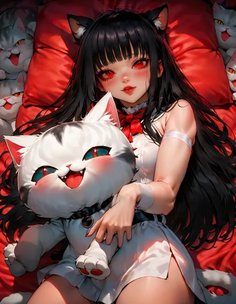 illust、art、from 80s horror movie, directed by Junji Ito、exorcist、high detail, realsitic shadow、Analog style, vhs style, 8mm film, chromatic aberration, Dvd screengrab、Complementary color gradient, big breasts, ((1 cat girl)) ((black hair, Ahoge, straight b...