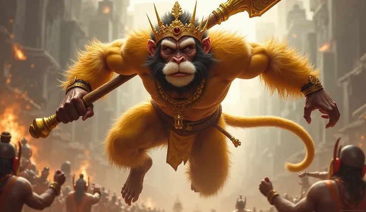 Monkey King Lord Hanuman - who has a monkey-like face, a golden crown on his head, moustache, a long tail and a huge golden mace while jumping towards Lanka - Ramayanam - References