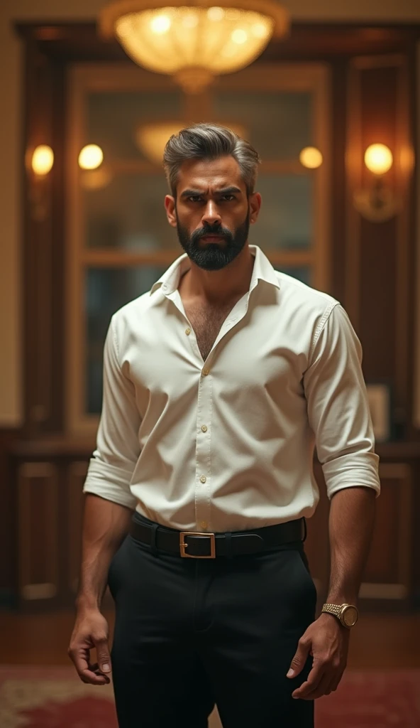 28 year Indian young handsome man standing in angry face, round face, light beard, light hair, wearing white shirt and black pant, detailed face, detailed image, luxurious interior, luxury home, cinematic scene, cinematic lighting, ultra realistic, hyper r...