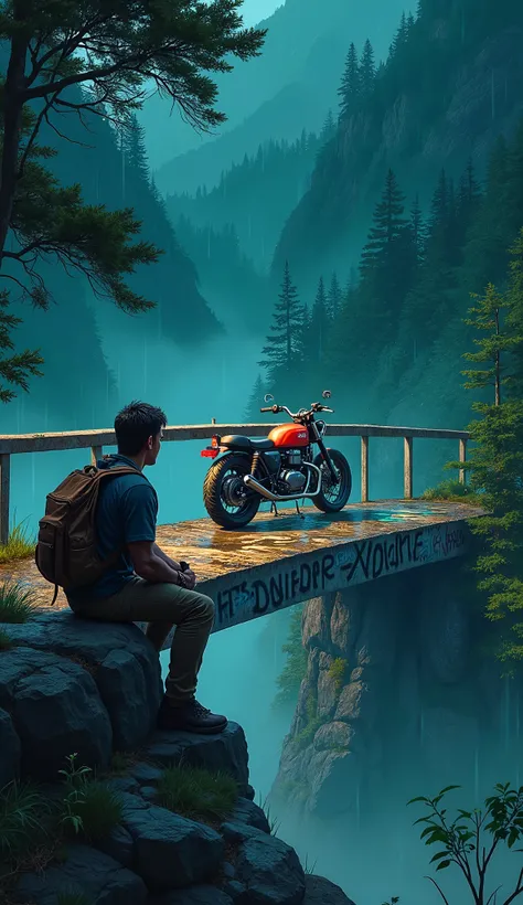 A rugged guy with a backpack sits on the edge of a graffiti-covered bridge in a misty forested mountain setting, gazing into the serene valley below. Beside him, a custom scrambler motorcycle with a yellow tank and thick off-road tires stands on the wet, r...