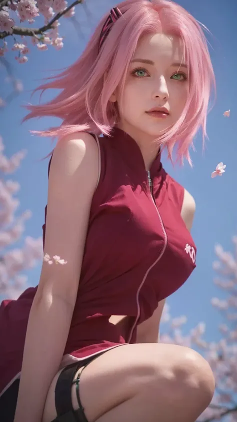 a woman with pink hair and green eyes sitting on a tree, sakura haruno, haruno sakura, sakura haruno , beautiful girl with green eyes, beautiful girl with pink hair 