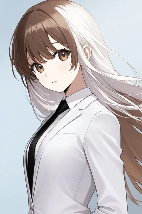 1 girl, Hair length reaches the back, Brown hair and white hair on the edges of the hair., Brown eyes but not bright ,  wearing white suit , Black tie,  medium size chest