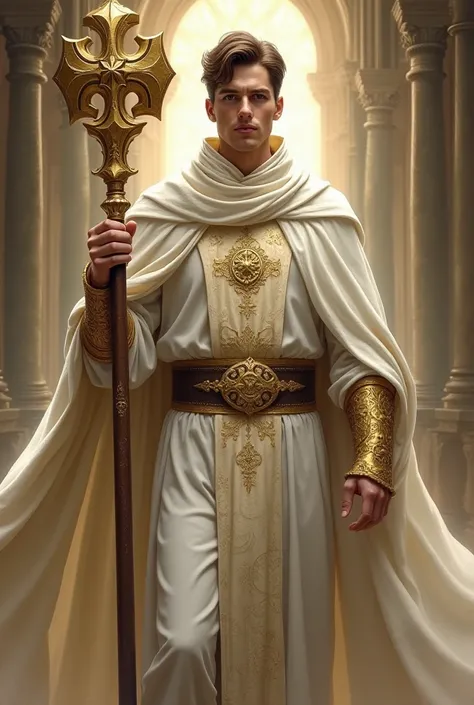 D&D character. Cleric in white robe. Gold mace. Gold bracers. No beard. Gray eyes. Brown hair. Gold circlet.