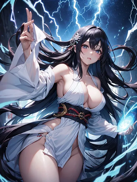 Japanese Mythology、goddess、Izanamiノミコト、Izanami、 Chasing Me from the Land of Yomi、Chasing Me from the Land of the Dead 、Naked and covered in lightning、 big breasts、 Slim waist、 black hair、 longhair 、 blue-white skin