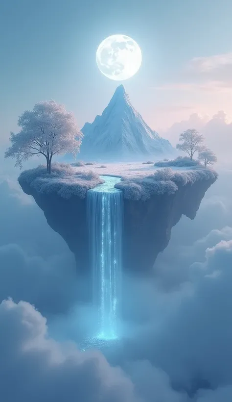    An island floats above the clouds   ,    is suspended in the sky ， The waterfall doesnt fall in the fog below .     The center of the island is covered with soft carpet   ,   Glowing meadow ， It shines faintly in soft blue and pink tones  .    The cente...