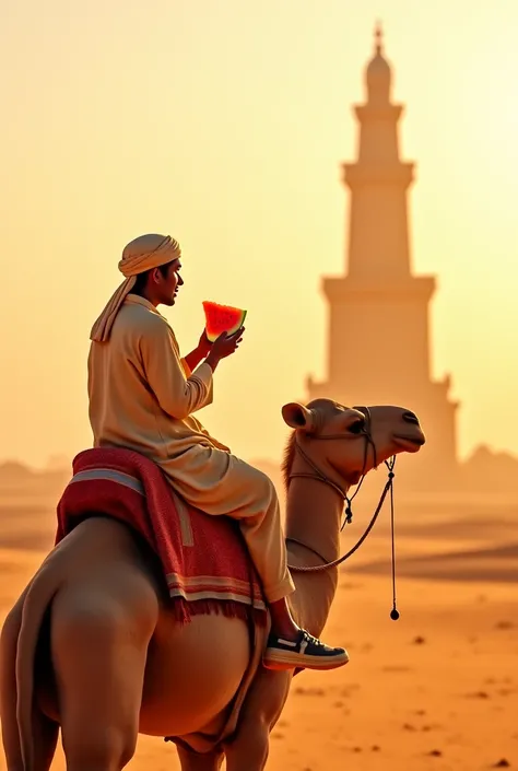 A person eats watermelon with honey on the back of a camel and behind him is the Sahwa tower