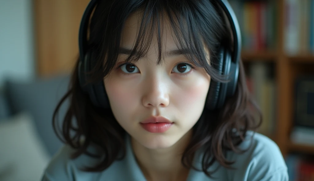 Close-up portrait of a beautiful and pretty 18-year-old Japanese girl wearing headphones and listening to music in her living room, looking back at us.