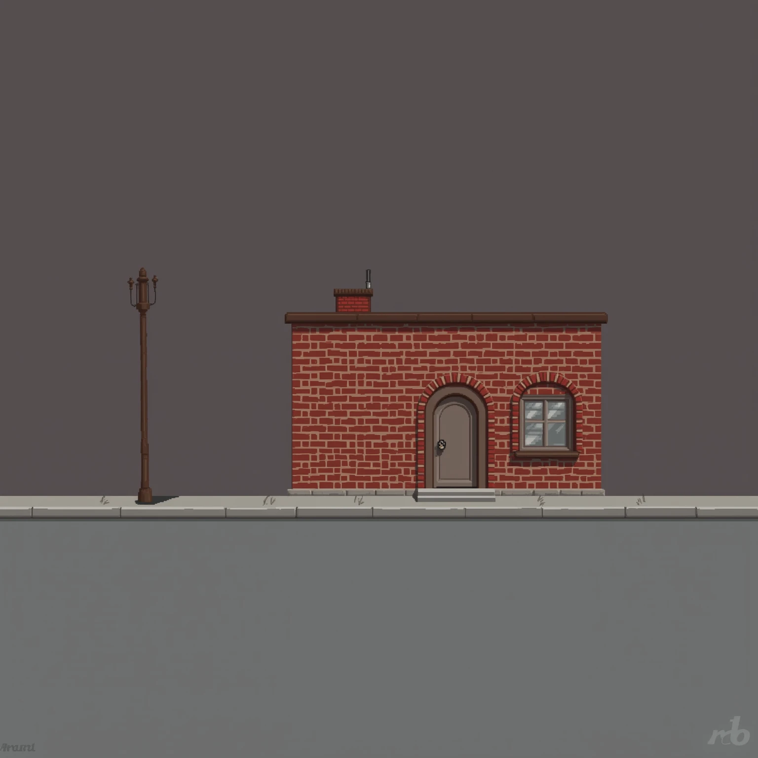 A retro 8-bit video game scene featuring a single-story red brick building with a flat, brown roof. The building has pixelated details, including a door, a large window, and a chimney on the roof. The foreground shows an empty gray street. The background i...