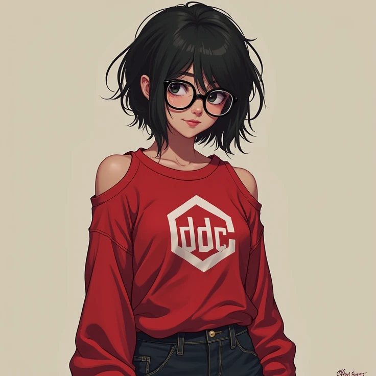 a female character,  with messy hair kind of shy  , nerd,  wearing a long sleeve t-shirt ,  casual with simple print and bare shoulders in red with the symbol ddc,Shes skinny , shes a bit nervous , Shy,She wears glasses,Shes a nerd ,Paranormal Order , cybe...